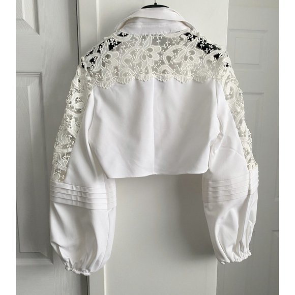 Alexis White Cropped Lace Inset Shirt, size Small. - Picture 7 of 14